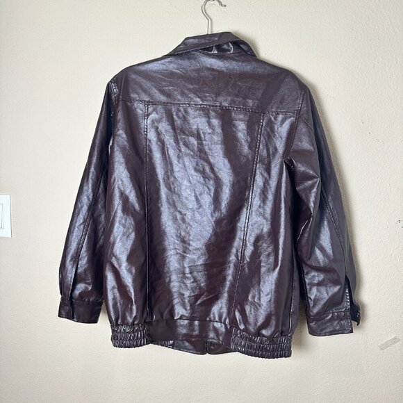 Oversized Faux Leather Bomber Jacket Coat Slant Pockets Chocolate Brown Medium - Picture 6 of 10